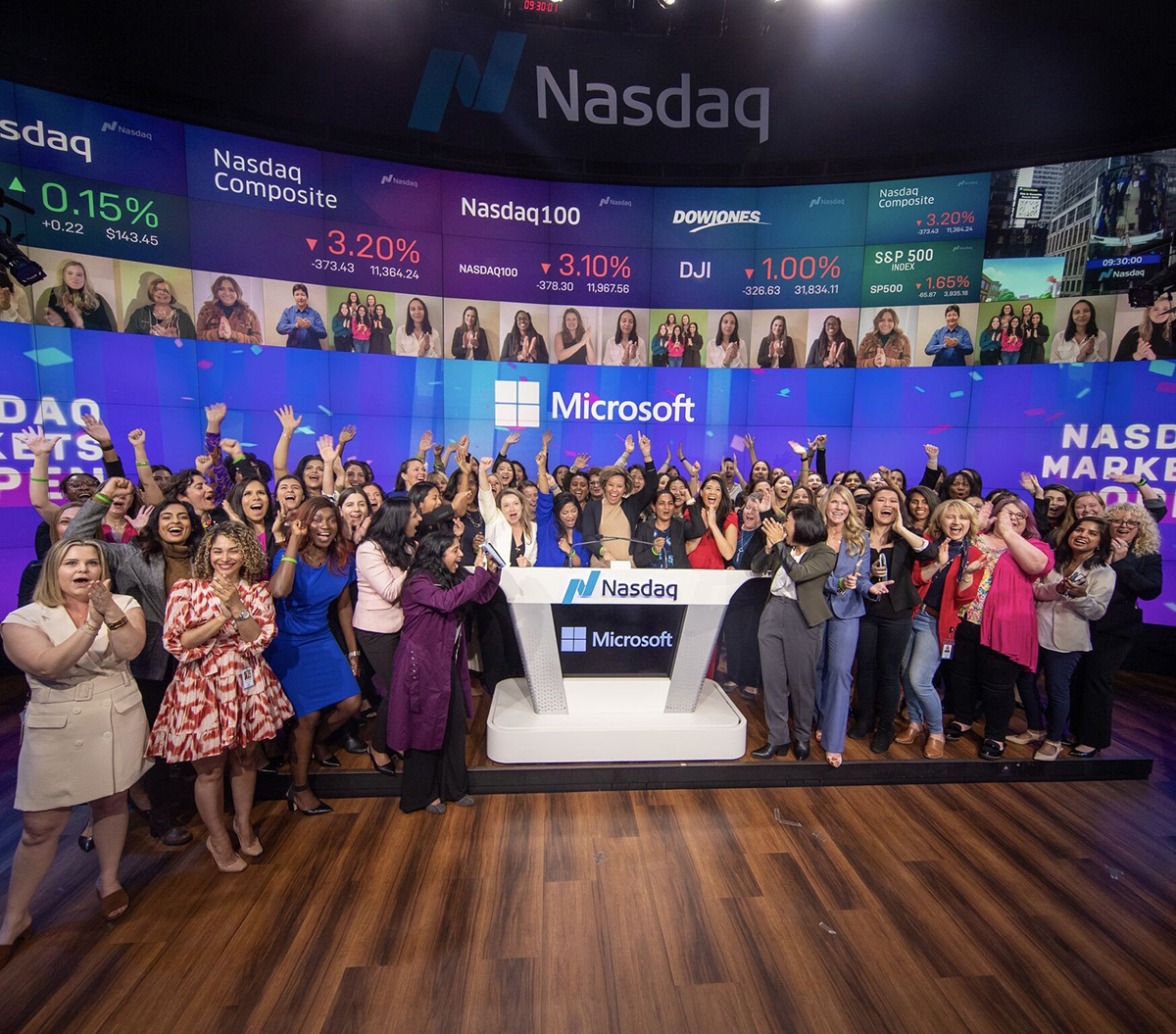 Aja Hill, ECON '07,  and other Microsoft women at Nasdaq