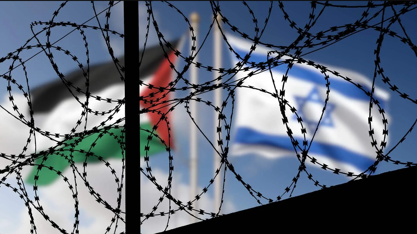 israel and palestine flags in the background, with barbed wire in the foreground