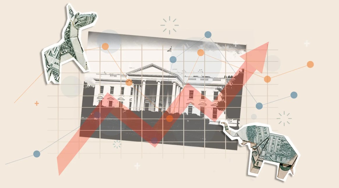 illustration of donkey and elephant (representing Republicans and Democrats) next to a photo of the White House with a red arrow trending upward