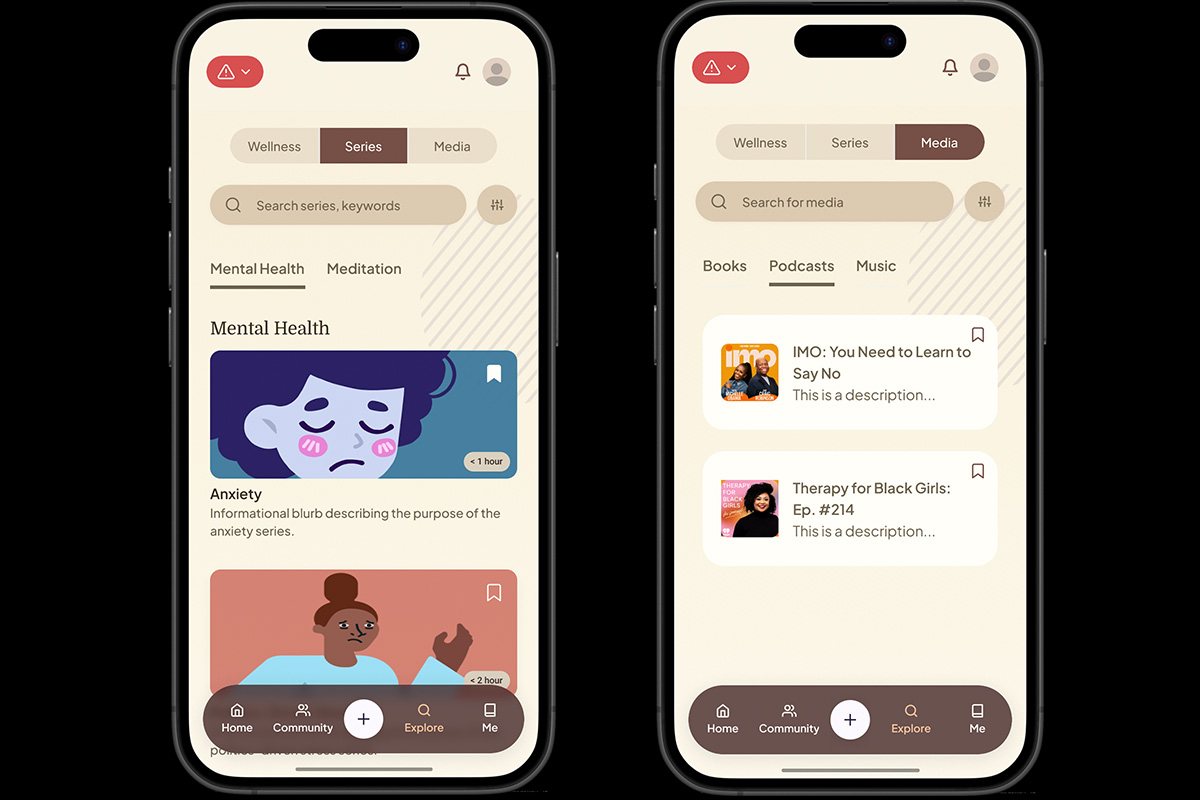 side-by-side screenshots of the PHNX Mind app, mental health wellness videos that can be accessed, as well as media files