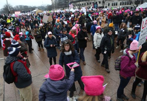 Dana Fisher in crowd of protesters. Photo by Emily Rasinski