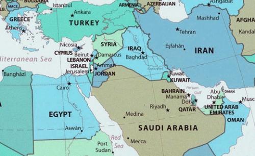 map of multiple countries in the Middle East, inclyding Egypt, Turkey, Iran and Saudi Arabia