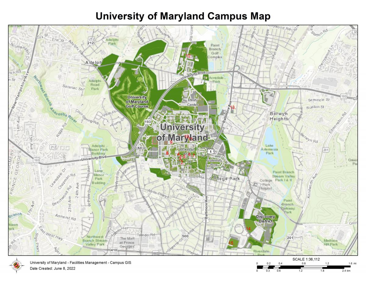 Zoomed out view of all BSOS occupied buildings numbered on and off campus