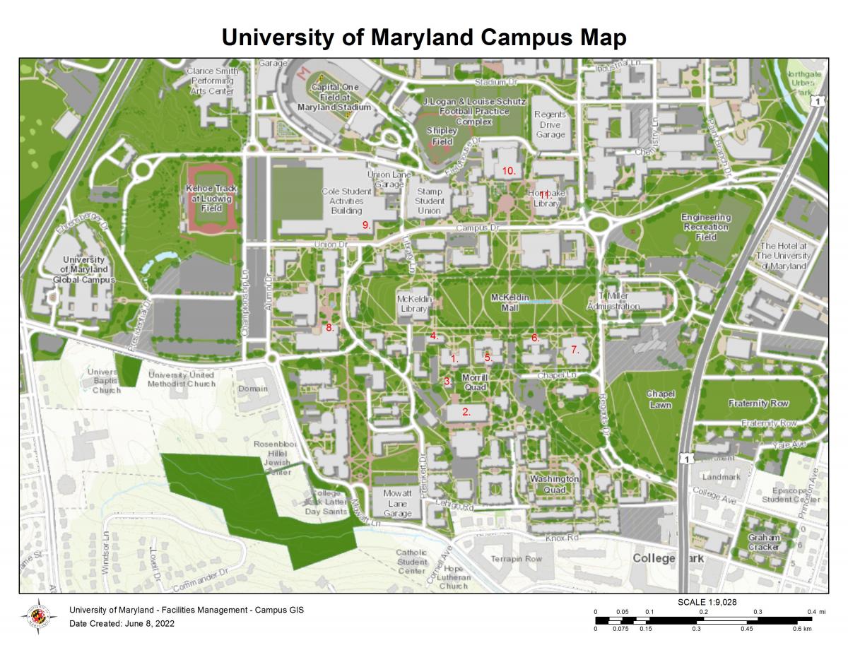 Zoomed view of map with buildings numbered on immediate campus