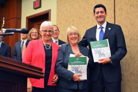 Dr. Katharine Abraham (far left) with Senator Patty Murray (D-WA) and House Speaker Paul Ryan (R-WI) on Capitol Hill.