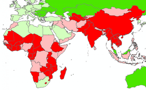 Map showing countries affected by undernourishment and net land exportation.